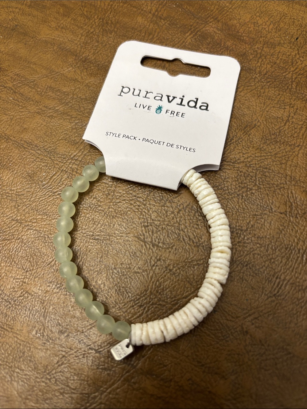 Pura Vida Pale Green glass Beads & white Mother of Pearl Bracelet